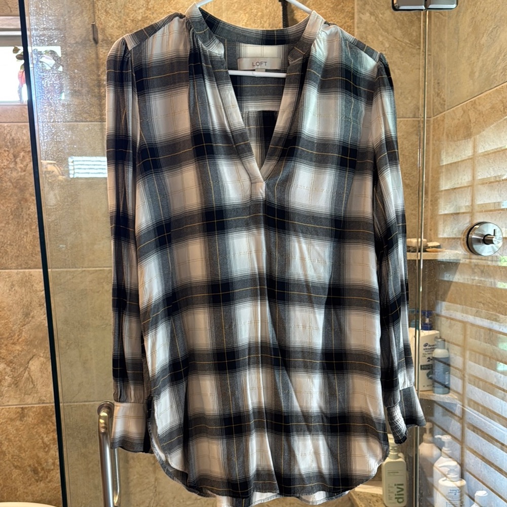 LOFT Black and White long Sleeve Blouse with Mandarin Collar